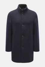 Montecore Cashmere Coat navy front view, pure cashmere slim fit with four-button style, stand-up collar with removable beaver fur trim, slanted welt pockets, unlined, and one inside pocket, elegant for autumn and winter.