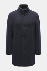 Montecore Cashmere Coat navy front view, pure cashmere slim fit with four-button style, stand-up collar with removable beaver fur trim, slanted welt pockets, unlined, and one inside pocket, elegant for autumn and winter.