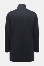 Montecore Cashmere Coat navy shown from the back, slim fit pure cashmere with stand-up collar, four-button style, slanted pockets, soft touch.
