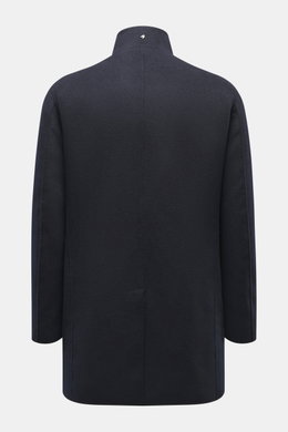 Montecore Cashmere Coat navy shown from the back, slim fit pure cashmere with stand-up collar, four-button style, slanted pockets, soft touch.