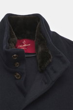 Close-up front view of Montecore Cashmere Coat navy with stand-up collar, removable beaver fur trim, four-button style, and soft pure cashmere fabric.