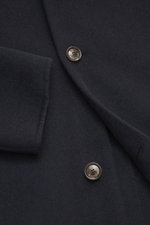 Close-up front view of Montecore Cashmere Coat navy showing pure cashmere fabric, four-button style, and branded button; slim fit, soft touch.