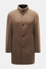 Montecore Cashmere Coat taupe front view, pure cashmere slim fit with four-button stand-up collar, removable beaver fur trim, slanted welt pockets, unlined, one inside pocket, soft touch.