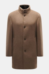 Montecore Cashmere Coat taupe front view, pure cashmere slim fit with four-button stand-up collar, removable beaver fur trim, slanted welt pockets, unlined, one inside pocket, soft touch.
