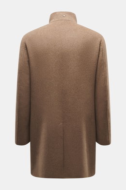 Montecore Cashmere Coat taupe shown from the back in pure cashmere with a stand-up collar and soft touch, slim fit, unlined design.