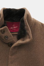 Close-up front view of Montecore Cashmere Coat taupe with stand-up collar, removable black beaver fur trim, and four-button style, pure cashmere.