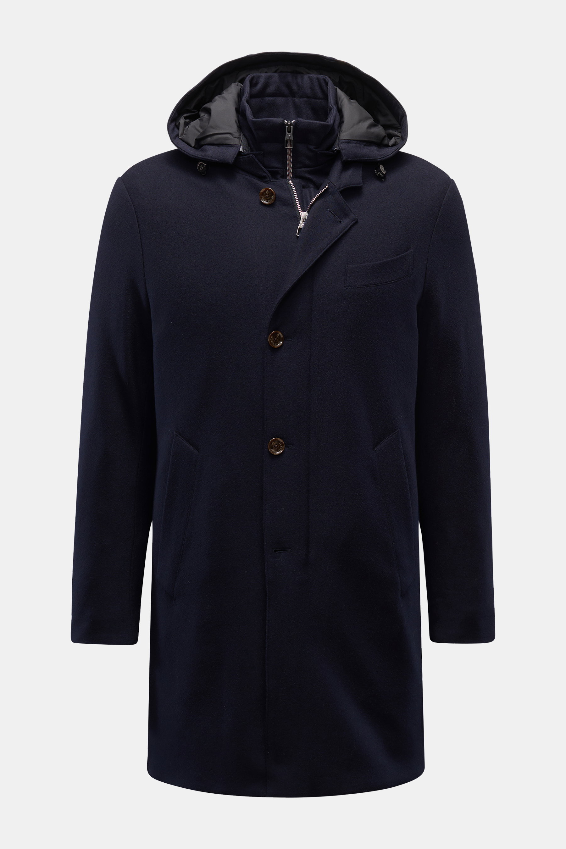 Montecore Daunen-Kurzmantel navy in Frontansicht, elastische Schurwolle, Slim Fit, herausnehmbare Double-Front, Kapuze, Daunenfüllung, Leistentaschen.
