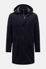Montecore Daunen-Kurzmantel navy in Frontansicht, elastische Schurwolle, Slim Fit, herausnehmbare Double-Front, Kapuze, Daunenfüllung, Leistentaschen.