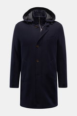 Montecore Daunen-Kurzmantel navy in Frontansicht, elastische Schurwolle, Slim Fit, herausnehmbare Double-Front, Kapuze, Daunenfüllung, Leistentaschen.