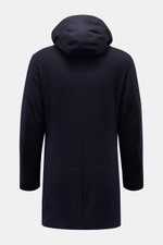 Montecore Daunen-Kurzmantel navy, Rückansicht mit Kapuze, elastische Schurwolle, herausnehmbare Double-Front, Slim Fit, wärmend, elegant.