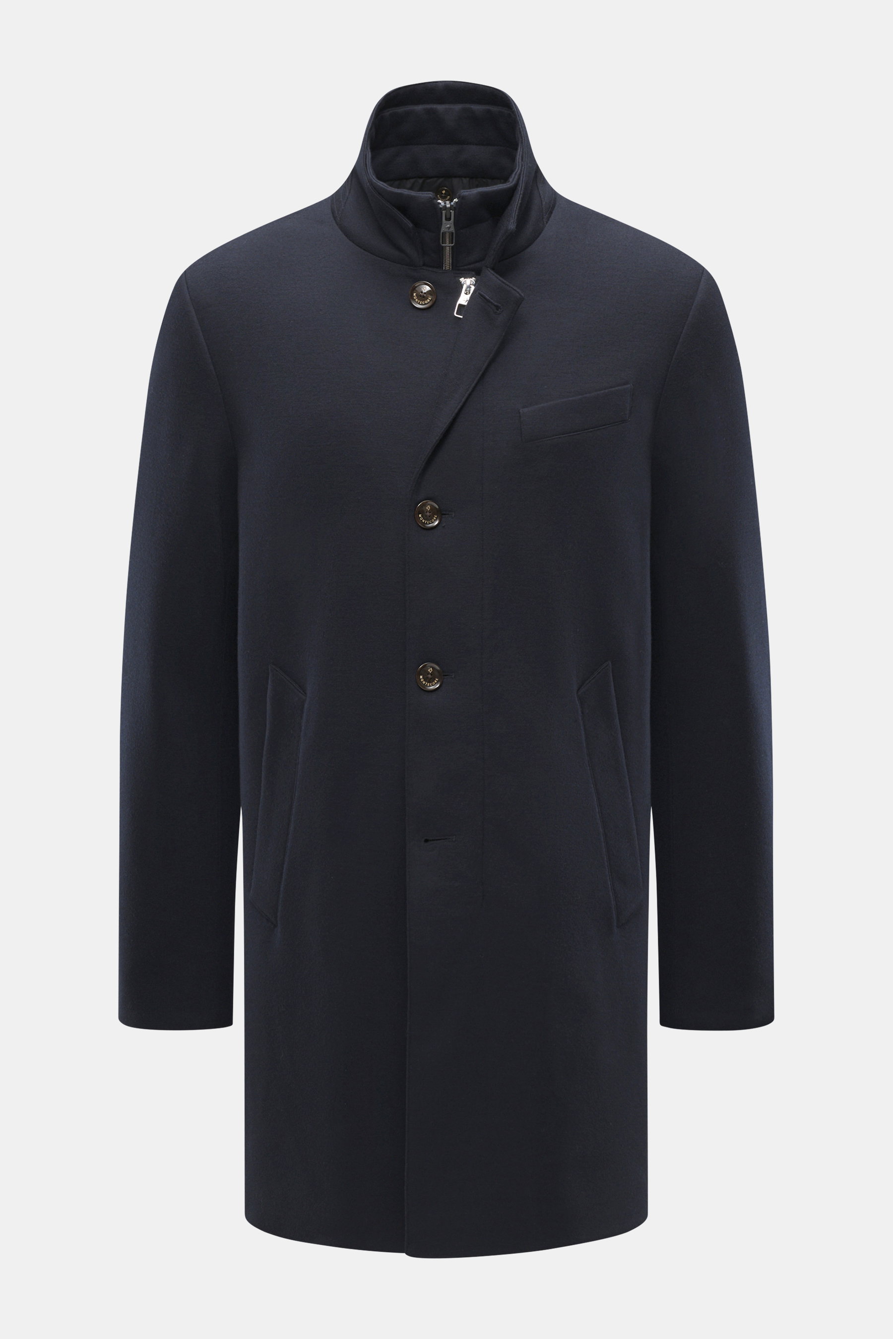 Montecore Down short coat dark navy front view, pure virgin wool, slim fit, four-button placket, removable double front, high collar with zipper.  

<p>This exclusive short coat from MONTECORE made of fine virgin wool with a removable double front and war