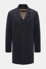 Montecore Down short coat dark navy front view, slim fit wool coat with removable double front, four-button placket, and warming down filling.