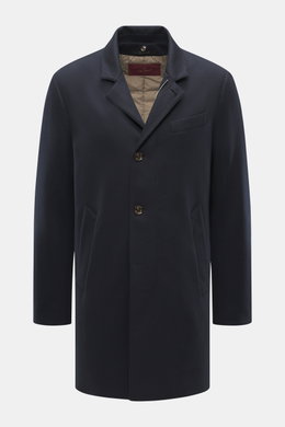 Montecore Down short coat dark navy front view, slim fit wool coat with removable double front, four-button placket, and warming down filling.