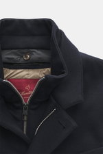Montecore Down short coat dark navy shown from close-up top-front perspective, featuring high collar, zipper, and button detail. 

<p>This exclusive short coat from MONTECORE made of fine virgin wool with a removable double front and warming down filling 