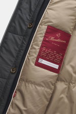Close-up shot from inside the Montecore Down short coat dark navy showing quilted microfiber lining, button, and red Montecore label.

<p>This exclusive short coat from MONTECORE made of fine virgin wool with a removable double front and warming down fill