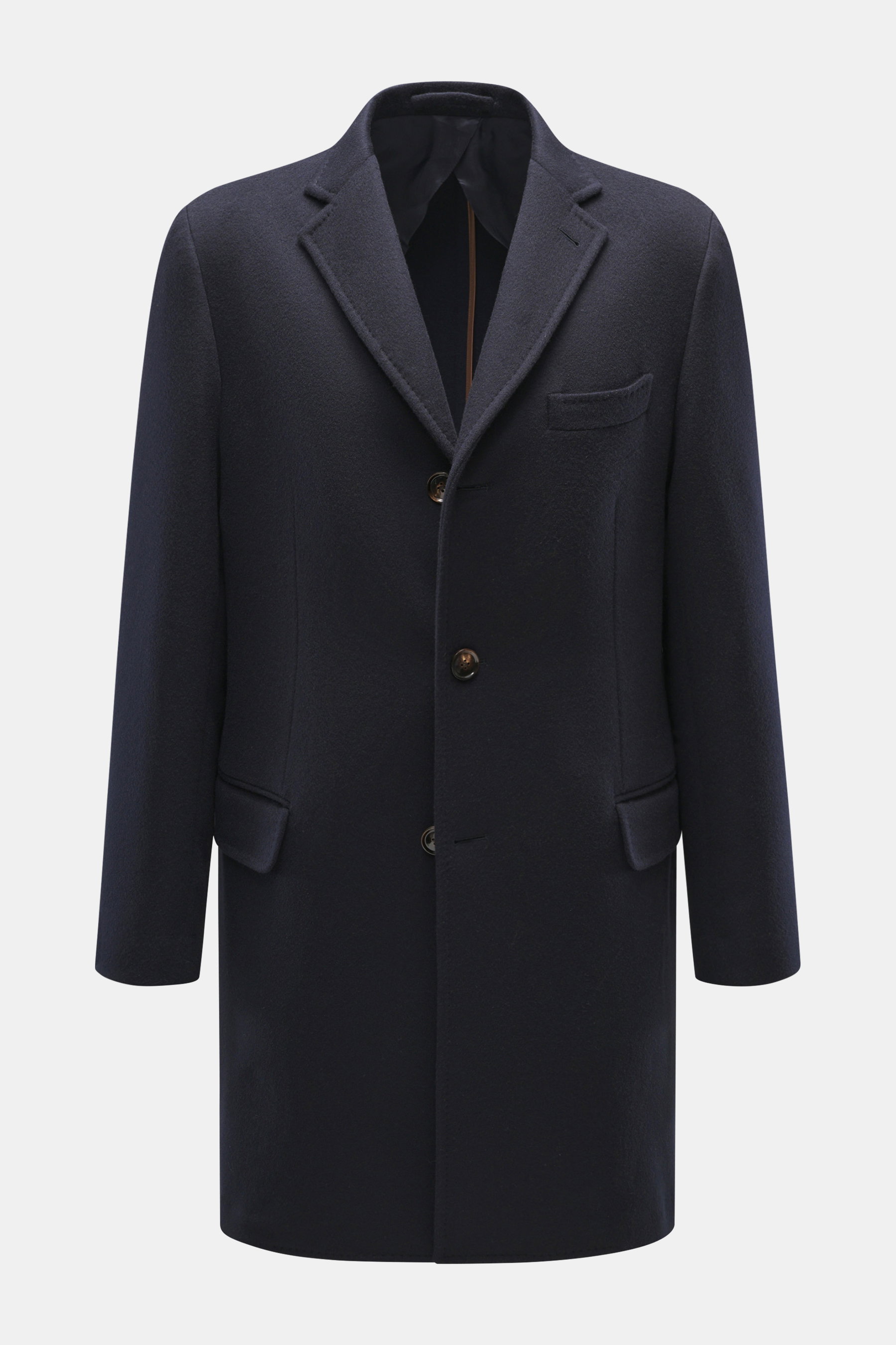 Front view of Mandelli Jacke navy, a slim fit navy wool jacket with smooth texture, notch lapel, two-button closure, flap pockets, and chest pocket, featuring a stand-up collar, two-way zipper, buttoned wind flap, buttoned cuffs, half lining, and two inne