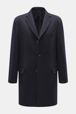 Front view of Mandelli Jacke navy, a slim fit navy wool jacket with smooth texture, notch lapel, two-button closure, flap pockets, and chest pocket, featuring a stand-up collar, two-way zipper, buttoned wind flap, buttoned cuffs, half lining, and two inne
