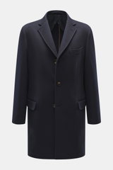 Front view of Mandelli Jacke navy, a slim fit navy wool jacket with smooth texture, notch lapel, two-button closure, flap pockets, and chest pocket, featuring a stand-up collar, two-way zipper, buttoned wind flap, buttoned cuffs, half lining, and two inne