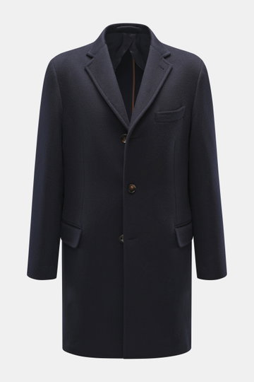 Front view of Mandelli Jacke navy, a slim fit navy wool jacket with smooth texture, notch lapel, two-button closure, flap pockets, and chest pocket, featuring a stand-up collar, two-way zipper, buttoned wind flap, buttoned cuffs, half lining, and two inne
