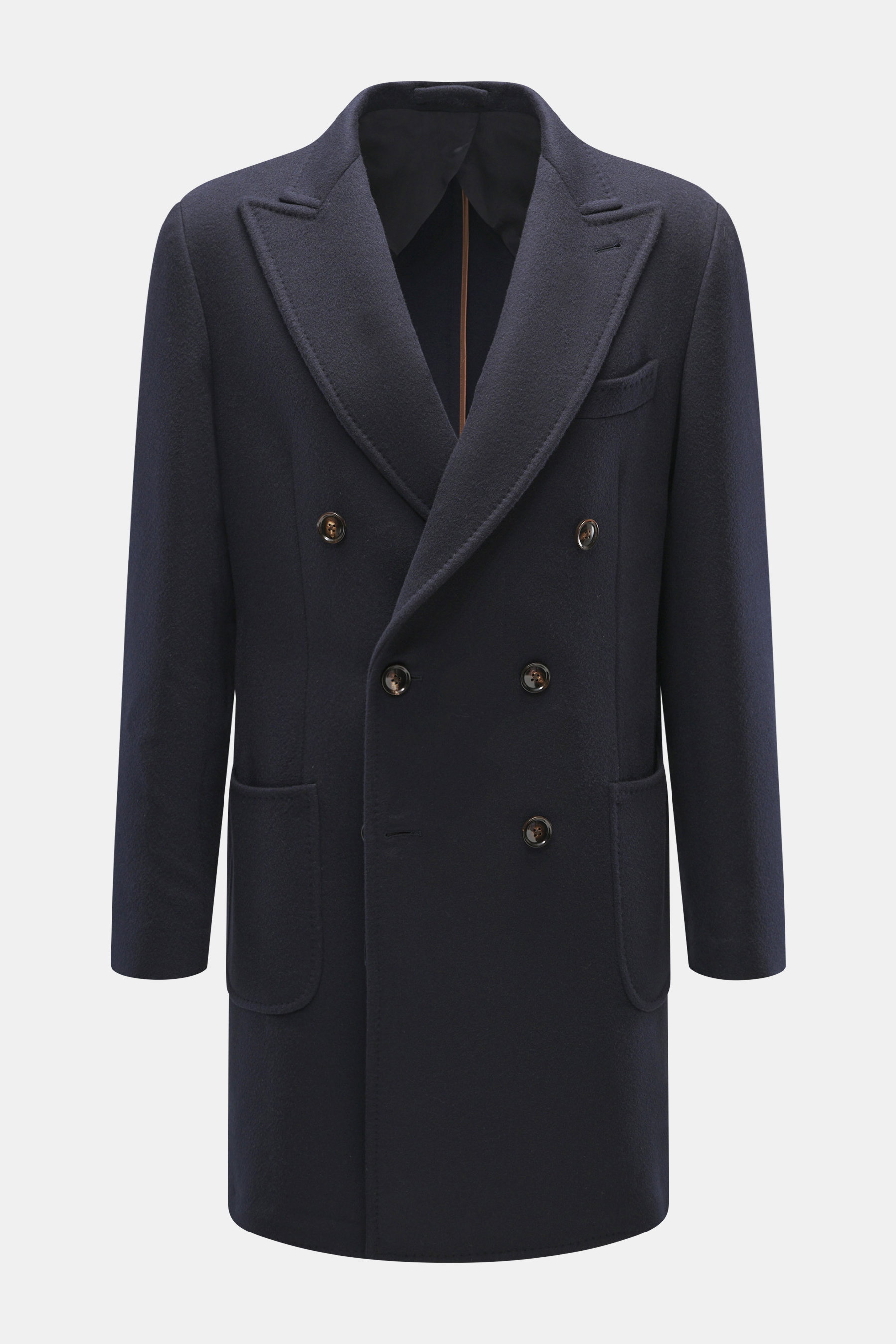 Front view of Mandelli Cashmere Jersey-Jacke navy, a slim fit, double-breasted navy cashmere jersey jacket with four-button placket, notch collar, slanted welt pockets reinforced inside with leather, button-tab sleeve cuffs, center back vent, and three in