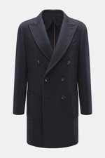 Front view of Mandelli Cashmere Jersey-Jacke navy, a slim fit, double-breasted navy cashmere jersey jacket with four-button placket, notch collar, slanted welt pockets reinforced inside with leather, button-tab sleeve cuffs, center back vent, and three in