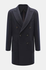 Front view of Mandelli Cashmere Jersey-Jacke navy, a slim fit, double-breasted navy cashmere jersey jacket with four-button placket, notch collar, slanted welt pockets reinforced inside with leather, button-tab sleeve cuffs, center back vent, and three in