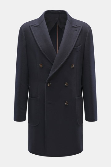 Front view of Mandelli Cashmere Jersey-Jacke navy, a slim fit, double-breasted navy cashmere jersey jacket with four-button placket, notch collar, slanted welt pockets reinforced inside with leather, button-tab sleeve cuffs, center back vent, and three in