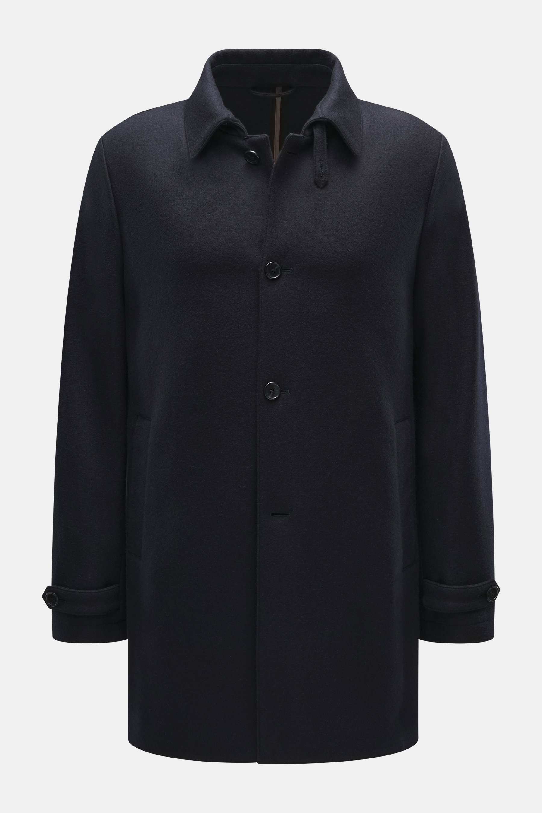 Mandelli Cashmere Jersey-Jacke navy, frontale Nahaufnahme, Slim Fit, Umlegekragen, Vier-Knopf-Leiste, weicher Griff, Knopfriegel an Ärmeln, Leistentaschen.