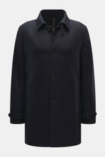 Mandelli Cashmere Jersey-Jacke navy, frontale Nahaufnahme, Slim Fit, Umlegekragen, Vier-Knopf-Leiste, weicher Griff, Knopfriegel an Ärmeln, Leistentaschen.