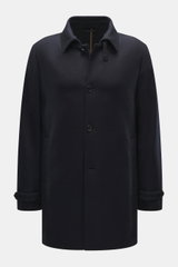 Mandelli Cashmere Jersey-Jacke navy, frontale Nahaufnahme, Slim Fit, Umlegekragen, Vier-Knopf-Leiste, weicher Griff, Knopfriegel an Ärmeln, Leistentaschen.