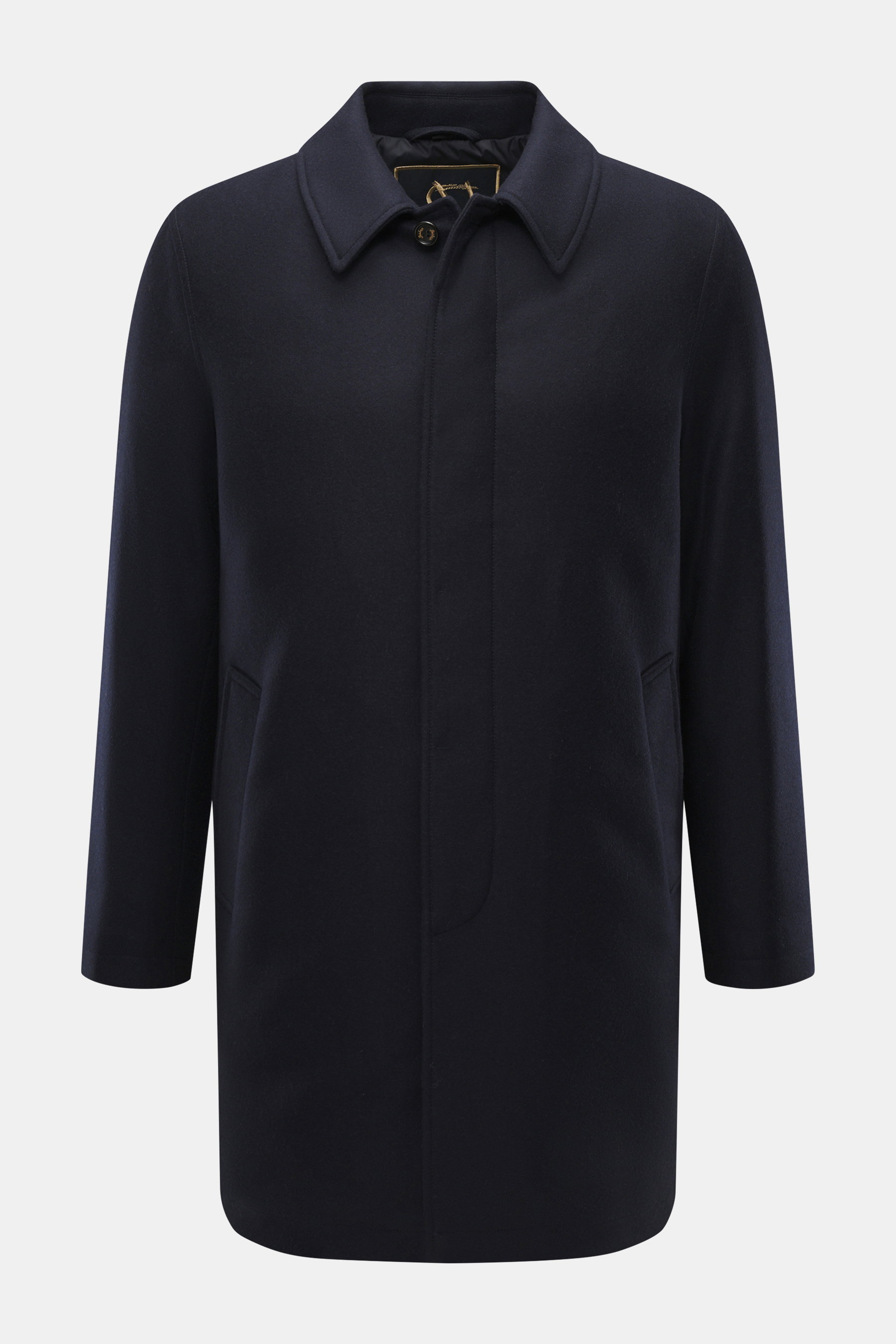 Front view of Sealup Down short coat 'Ambroeus' dark navy in pure wool with slim fit, concealed button placket, turn-down collar, slant welt pockets, snap button cuffs, discreet logo, quilted microfiber lining, and warming down filling. Timeless elegance 