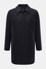 Front view of Sealup Down short coat 'Ambroeus' dark navy in pure wool with slim fit, concealed button placket, turn-down collar, slant welt pockets, snap button cuffs, discreet logo, quilted microfiber lining, and warming down filling. Timeless elegance 