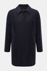 Front view of Sealup Down short coat 'Ambroeus' dark navy in pure wool with slim fit, concealed button placket, turn-down collar, slant welt pockets, snap button cuffs, discreet logo, quilted microfiber lining, and warming down filling. Timeless elegance 