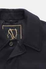 Close-up front view of Sealup Down short coat 'Ambroeus' dark navy showing pure wool fabric, turn-down collar, concealed five-button placket, and soft touch. Timeless elegance meets exquisite materials: The exclusive short coat in carcoat cut from SEALUP 