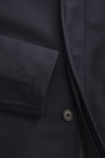 Close-up front-side view of Sealup Down short coat 'Ambroeus' dark navy in pure wool with concealed five-button placket and snap button cuff.