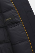Close-up inside view of Sealup Down short coat 'Ambroeus' dark navy showing quilted microfiber lining, pure wool, soft touch, and warming down filling.