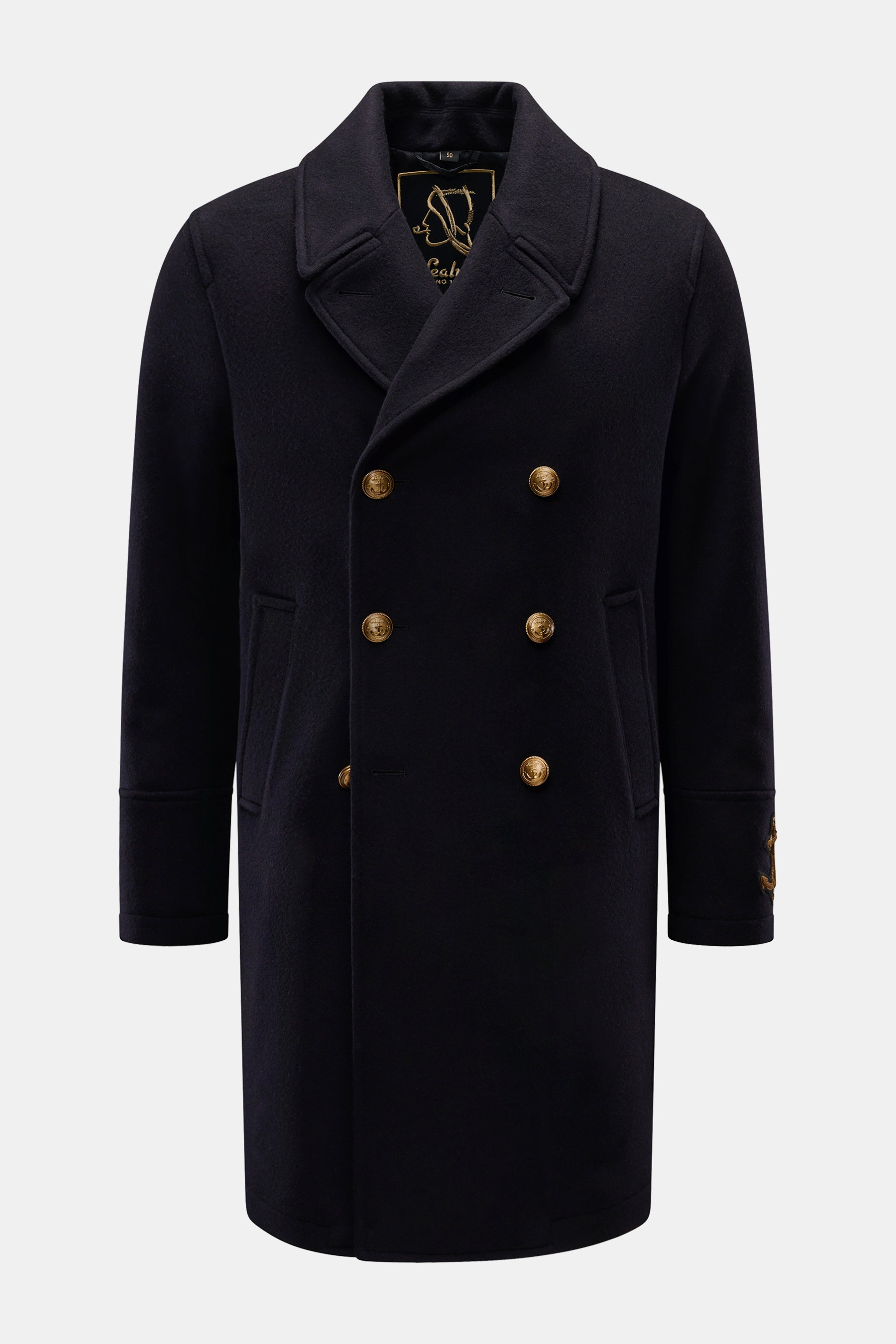 Front view of Sealup Pea coat 'Maestrale' navy, a double-breasted wool-cashmere blend coat with gold buttons, wide lapel collar, and slanted pockets. Inspired by nautical clothing, it features lightweight padding, regular fit, waist tab, concealed back pl