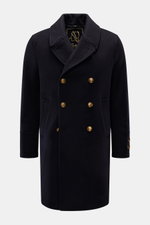 Front view of Sealup Pea coat 'Maestrale' navy, a double-breasted wool-cashmere blend coat with gold buttons, wide lapel collar, and slanted pockets. Inspired by nautical clothing, it features lightweight padding, regular fit, waist tab, concealed back pl