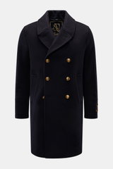 Front view of Sealup Pea coat 'Maestrale' navy, a double-breasted wool-cashmere blend coat with gold buttons, wide lapel collar, and slanted pockets. Inspired by nautical clothing, it features lightweight padding, regular fit, waist tab, concealed back pl