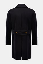 Back view of Sealup Pea coat 'Maestrale' navy, made of wool-cashmere blend, lightweight padding, wide collar, gold buttons on back waist tab.