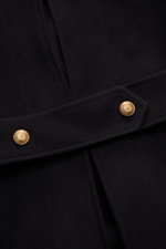 Close-up front view of Sealup Pea coat 'Maestrale' navy showing wool-cashmere fabric, gold-coloured branded buttons, and waist tab.