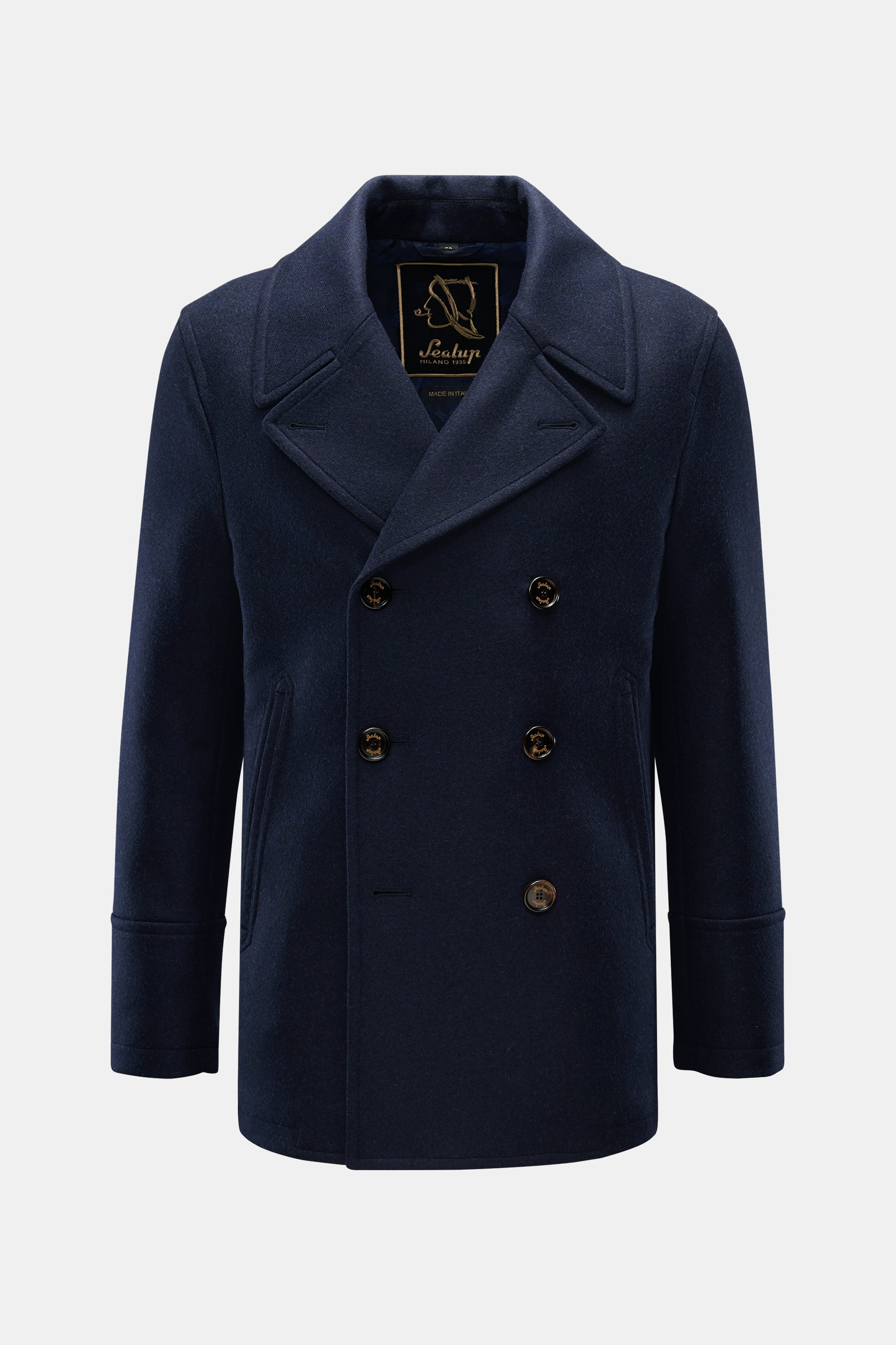 Front view of Sealup Pea coat 'Amalfi Peacoat' navy, a slim fit, double-breasted pea coat with wide lapels, slanted hip pockets, soft pure wool fabric, lightweight padding, small metal logo, and two inside pockets.

Additional description: 
<p>A nautical 