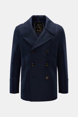 Front view of Sealup Pea coat 'Amalfi Peacoat' navy, a slim fit, double-breasted pea coat with wide lapels, slanted hip pockets, soft pure wool fabric, lightweight padding, small metal logo, and two inside pockets.

Additional description: 
<p>A nautical 