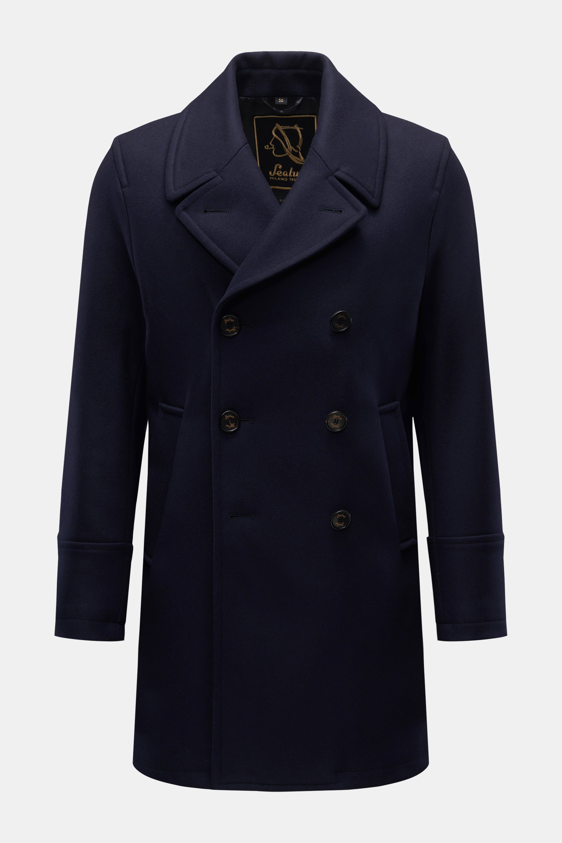 Sealup Short pea coat 'Genova' dark navy shown from front, slim fit with double-breasted three-button placket, wide lapel, slanted hip pockets, soft wool and cashmere blend, lightweight padding, centre back vent, smooth lining, and one zipped inside pocke