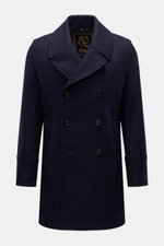 Sealup Short pea coat 'Genova' dark navy shown from front, slim fit with double-breasted three-button placket, wide lapel, slanted hip pockets, soft wool and cashmere blend, lightweight padding, centre back vent, smooth lining, and one zipped inside pocke