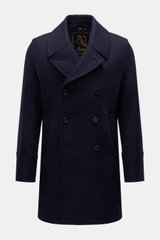 Sealup Short pea coat 'Genova' dark navy shown from front, slim fit with double-breasted three-button placket, wide lapel, slanted hip pockets, soft wool and cashmere blend, lightweight padding, centre back vent, smooth lining, and one zipped inside pocke