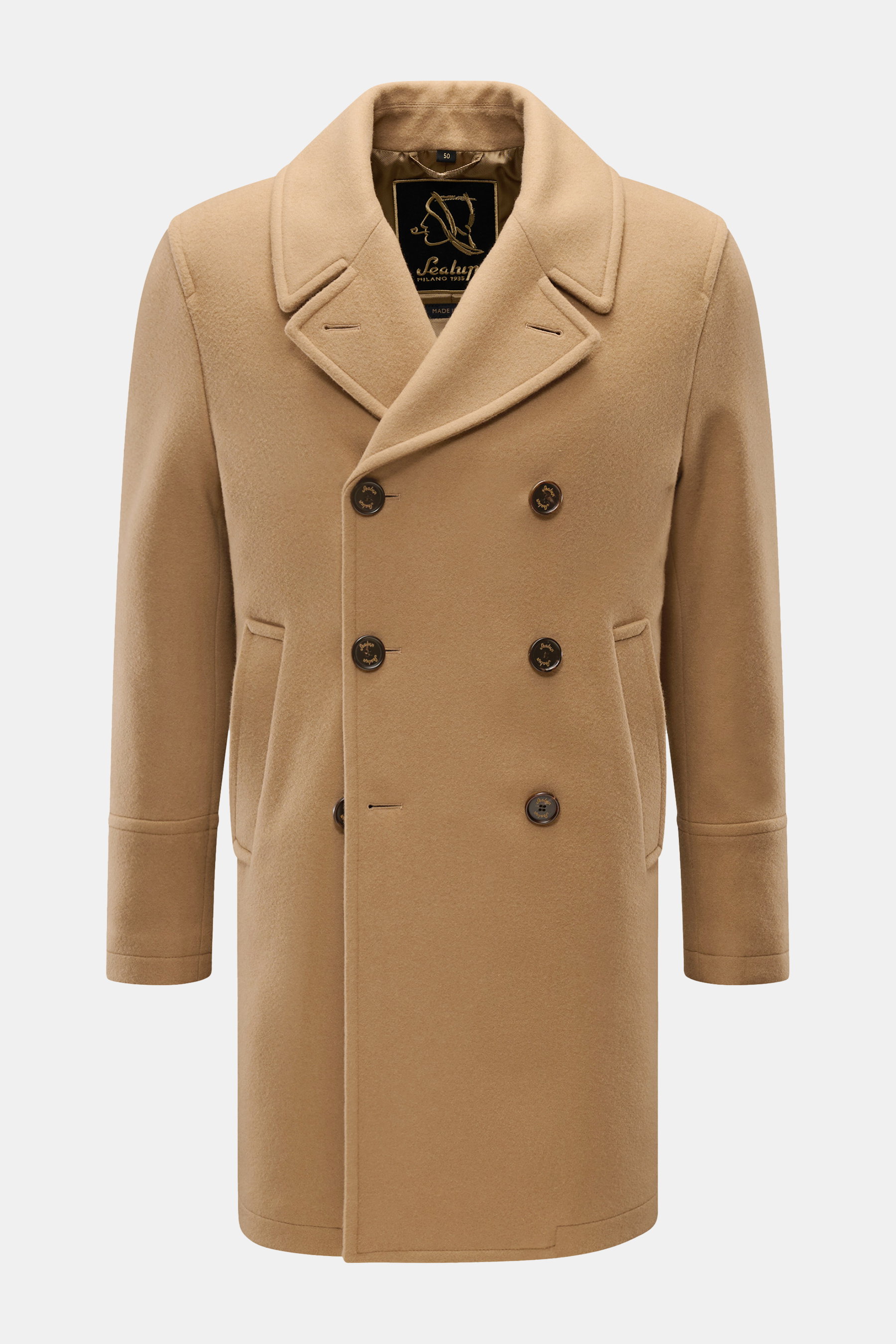Sealup Short pea coat 'Genova' camel shown from front, soft wool-cashmere blend with lightweight padding, slim fit, double-breasted.