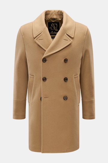 Sealup Short pea coat 'Genova' camel shown from front, soft wool-cashmere blend with lightweight padding, slim fit, double-breasted.