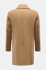 Rear view of Sealup Short pea coat 'Genova' camel, made of soft wool and cashmere fabric with lightweight padding, slim fit, wide lapel, and centre back vent.