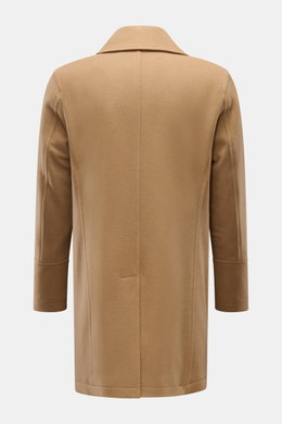 Rear view of Sealup Short pea coat 'Genova' camel, made of soft wool and cashmere fabric with lightweight padding, slim fit, wide lapel, and centre back vent.